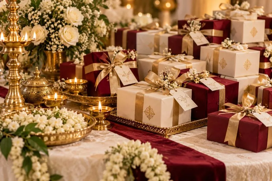 Return gift boxes in burgundy and ivory with gold ribbon