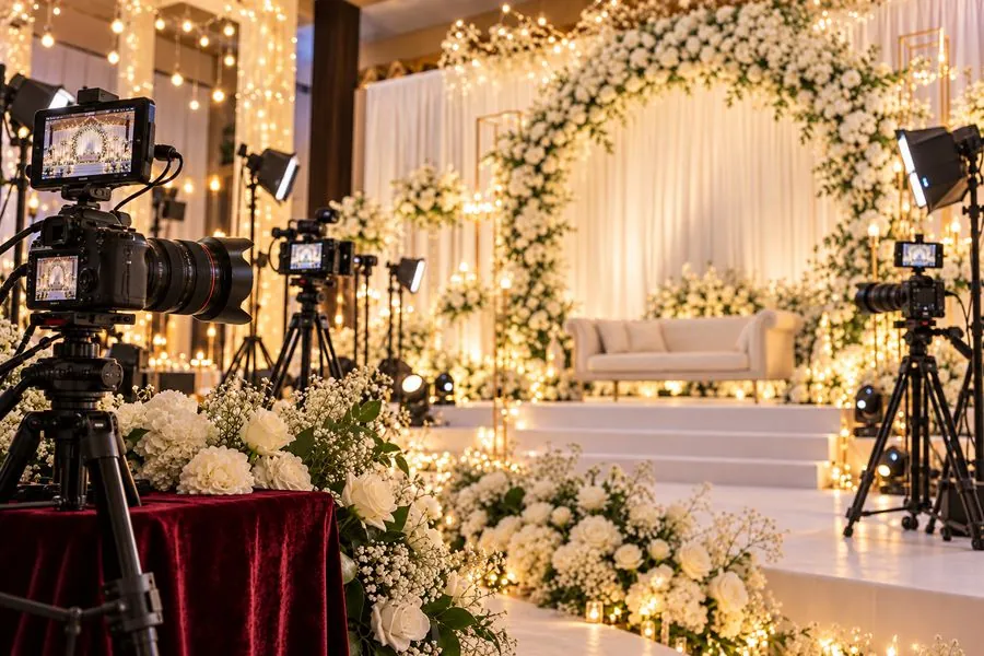 Cameras set up in front of a floral wedding stage